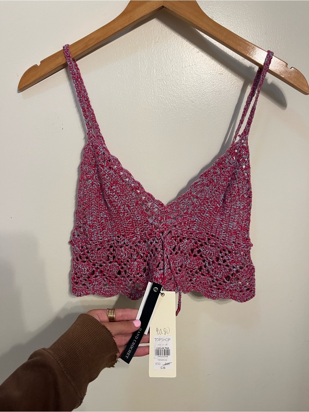 Topshop Pink Crochet Knit Tie-Front Bandeau